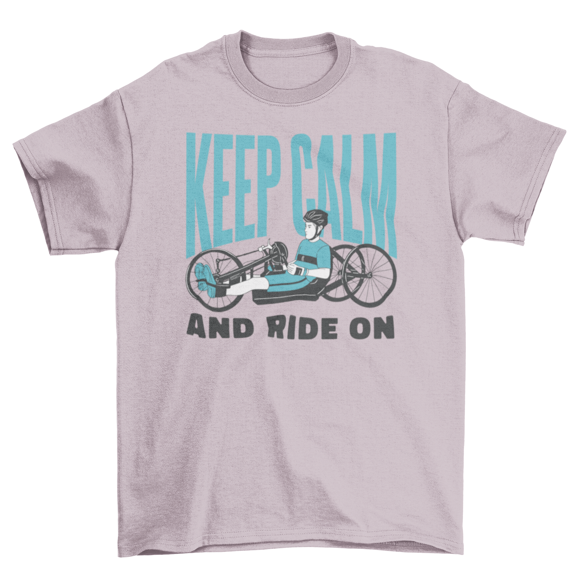 A stylish t-shirt featuring a cyclist with a movement disability on a recumbent bike, with the quote 'Keep calm and ride on'.