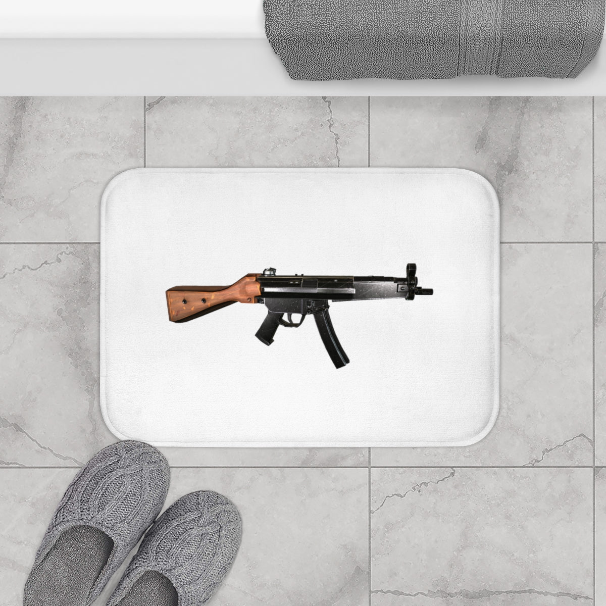 Rifle Bath Mat featuring stylish design and anti-slip backing, perfect for enhancing bathroom decor.