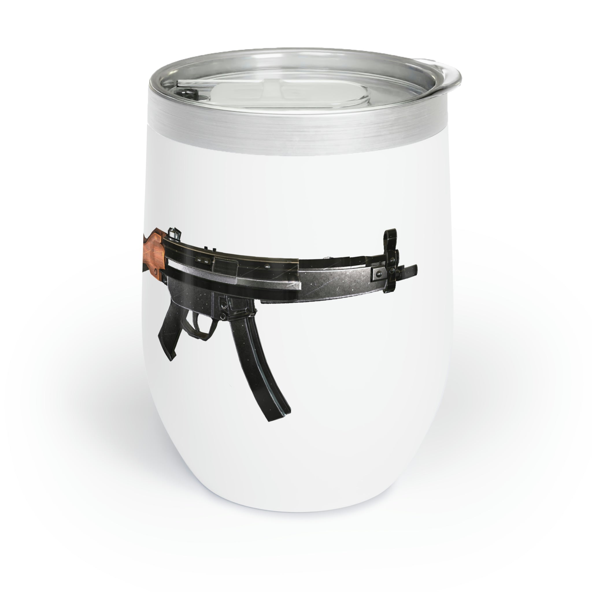 Rifle Chill Wine Tumbler in stainless steel with a customizable design, showcasing its double-insulated walls and stemless shape.