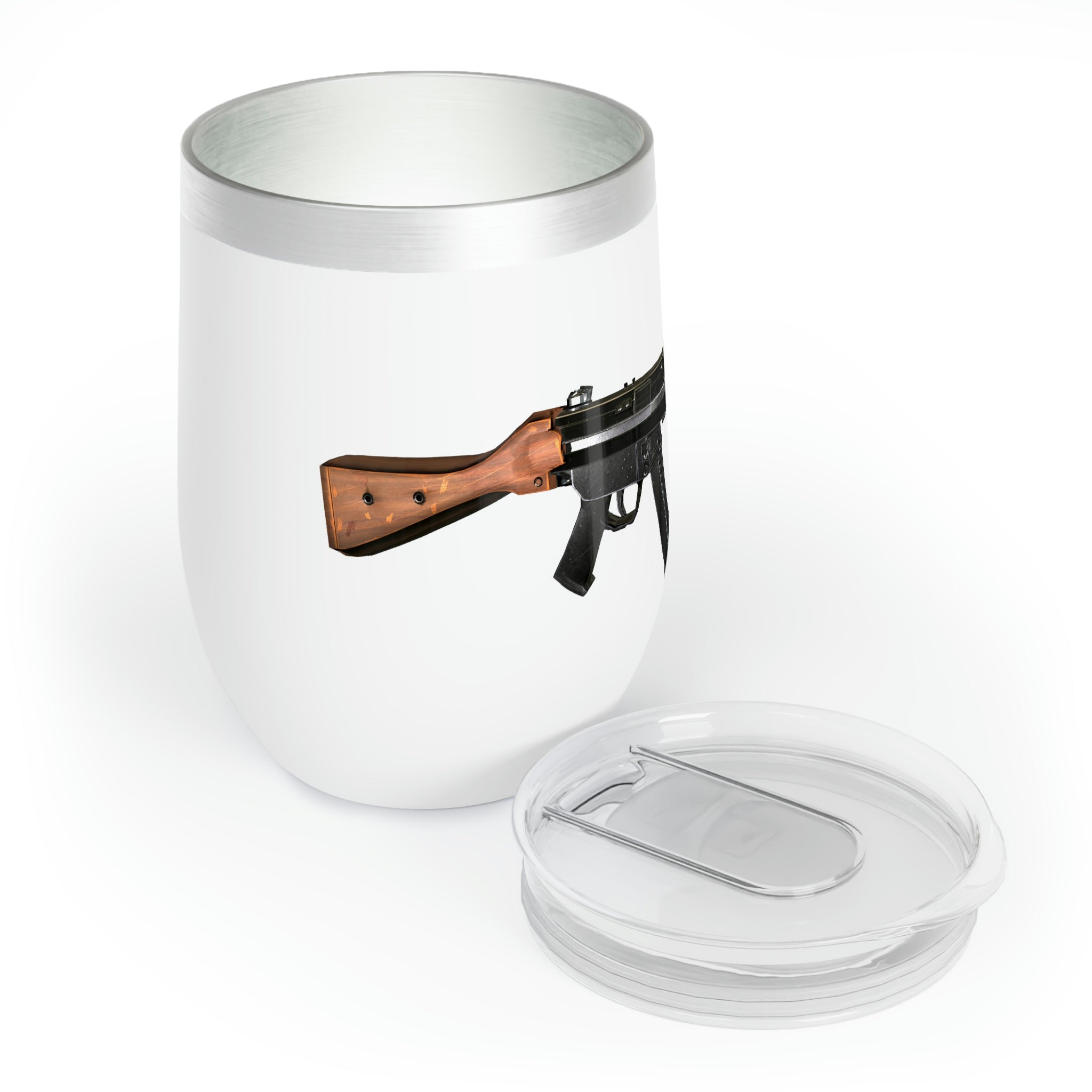 Rifle Chill Wine Tumbler in stainless steel with a customizable design, showcasing its double-insulated walls and stemless shape.