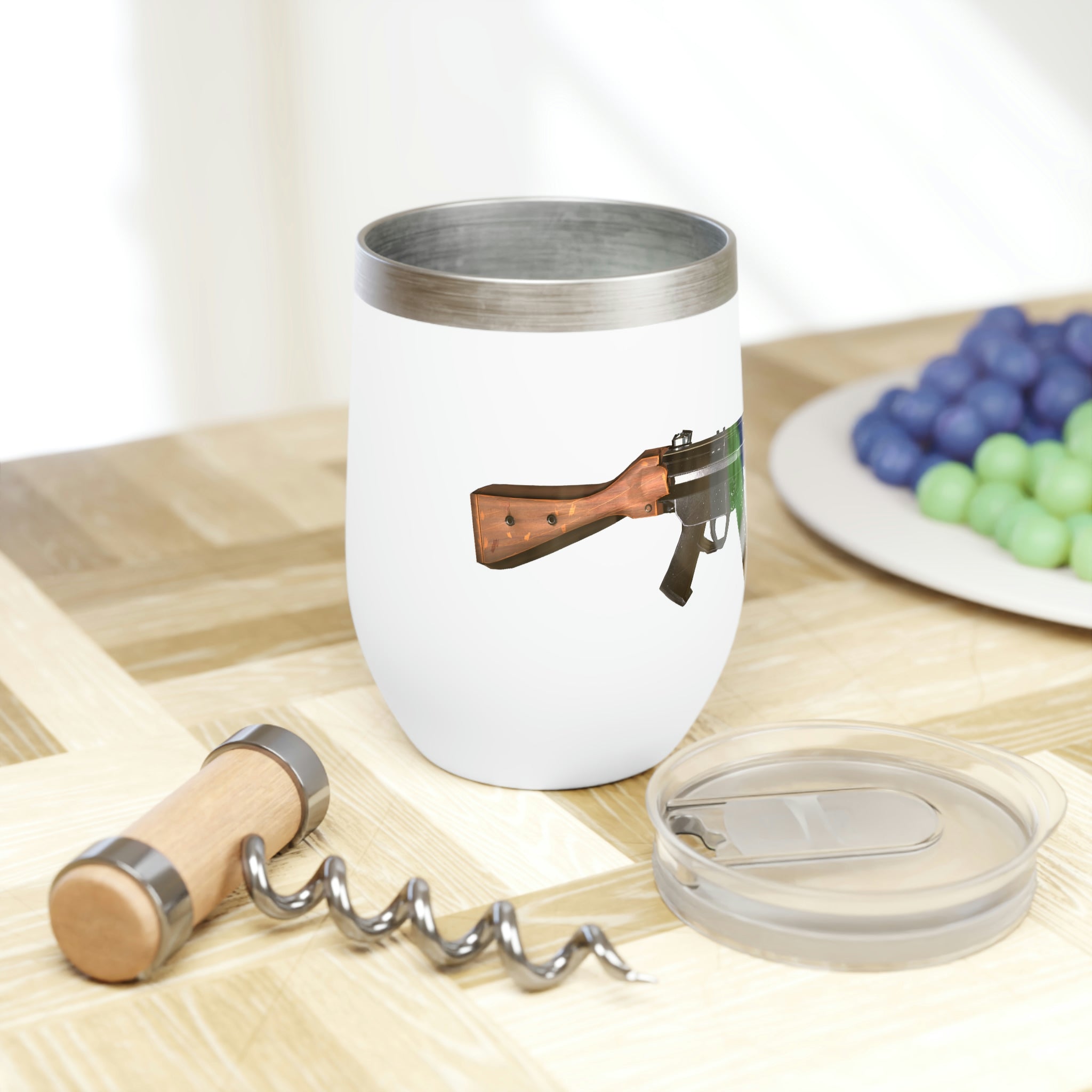 Rifle Chill Wine Tumbler in stainless steel with a customizable design, showcasing its double-insulated walls and stemless shape.