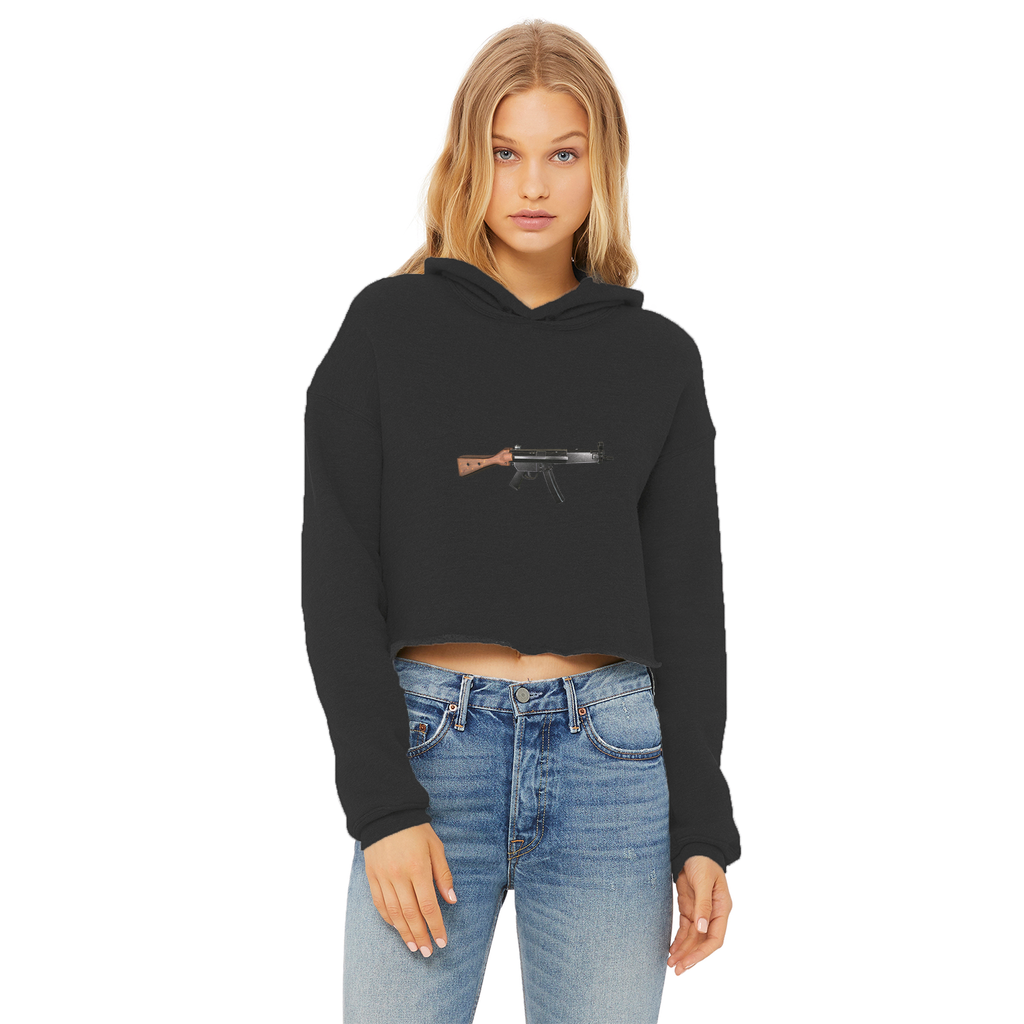 Rifle Ladies Cropped Raw Edge Hoodie in various colors, showcasing its stylish cropped design and raw edge hem.