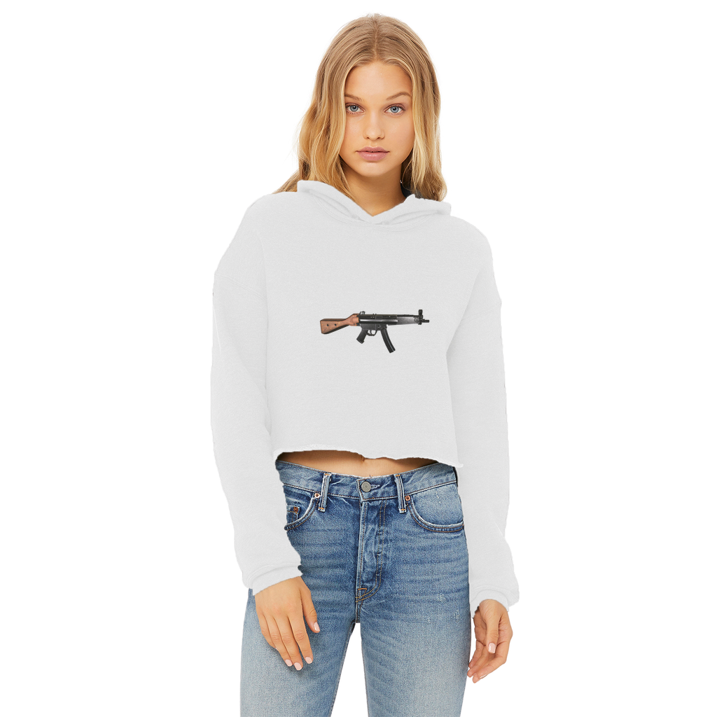 Rifle Ladies Cropped Raw Edge Hoodie in various colors, showcasing its stylish cropped design and raw edge hem.