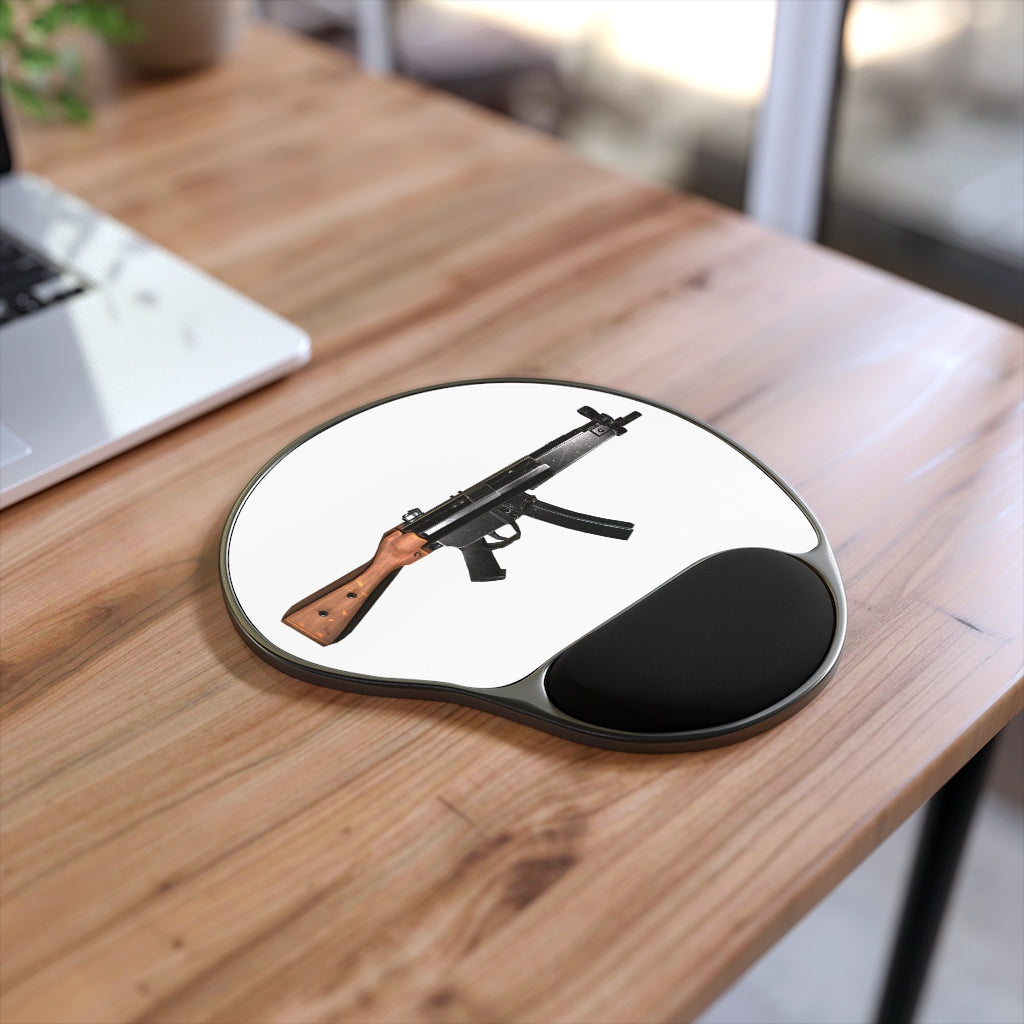 Rifle Mouse Pad with ergonomic Memory Foam wrist rest and customizable neoprene insert, featuring a foot-shaped black plastic base.