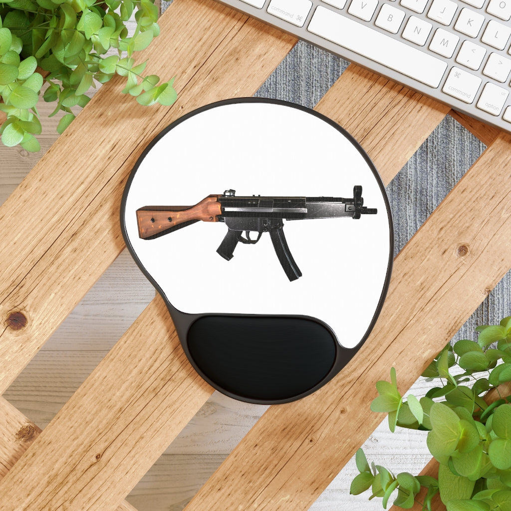 Rifle Mouse Pad with ergonomic Memory Foam wrist rest and customizable neoprene insert, featuring a foot-shaped black plastic base.