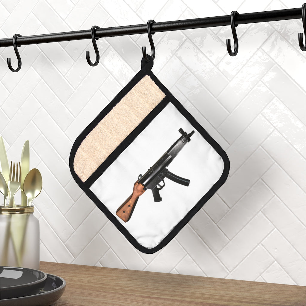 Rifle Pot Holder with Pocket, 9x9 inches, featuring a black cotton hanging loop and personalized design.