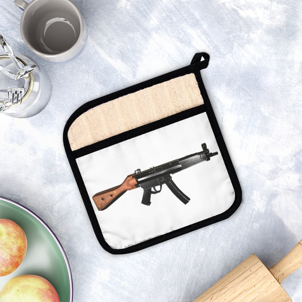 Rifle Pot Holder with Pocket, 9x9 inches, featuring a black cotton hanging loop and personalized design.