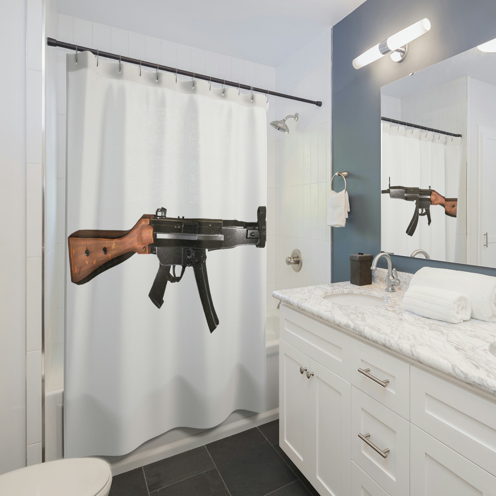 A vibrant Rifle Shower Curtain featuring unique designs, made of durable polyester, hanging in a stylish bathroom setting.