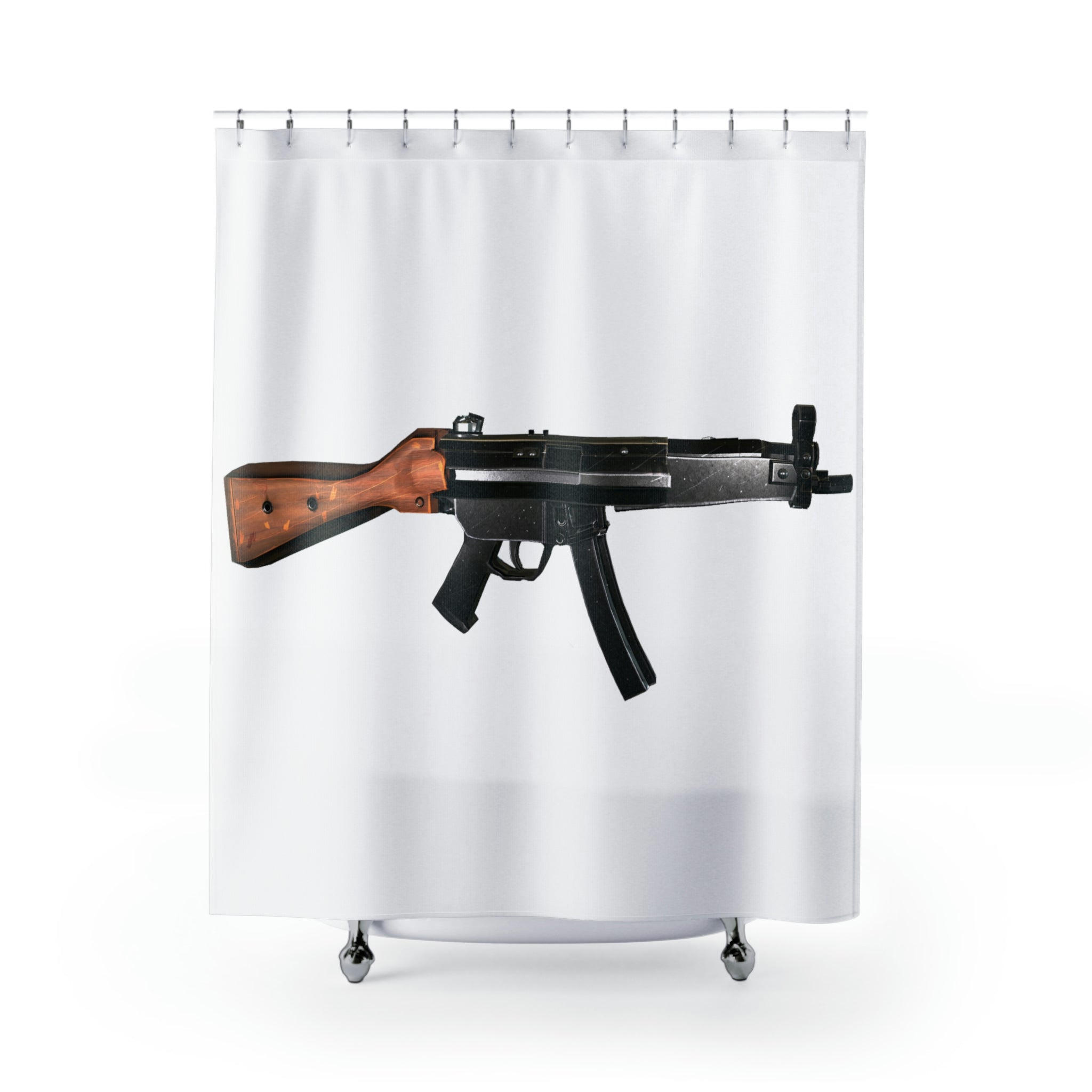 A vibrant Rifle Shower Curtain featuring unique designs, made of durable polyester, hanging in a stylish bathroom setting.