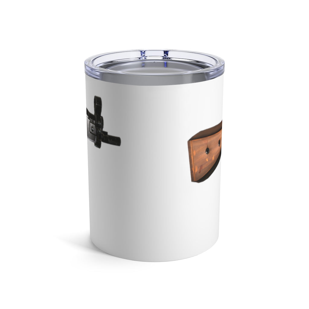 Rifle Tumbler 10oz in stainless steel with a see-thru plastic lid, showcasing its sleek design and rounded corners.