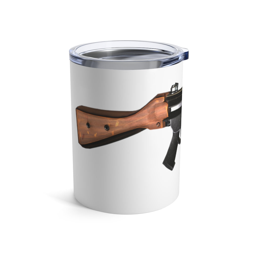 Rifle Tumbler 10oz in stainless steel with a see-thru plastic lid, showcasing its sleek design and rounded corners.