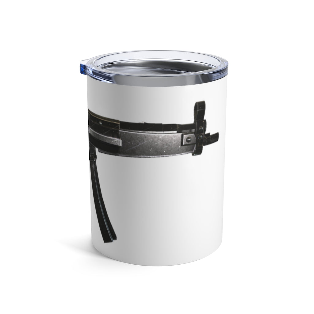 Rifle Tumbler 10oz in stainless steel with a see-thru plastic lid, showcasing its sleek design and rounded corners.