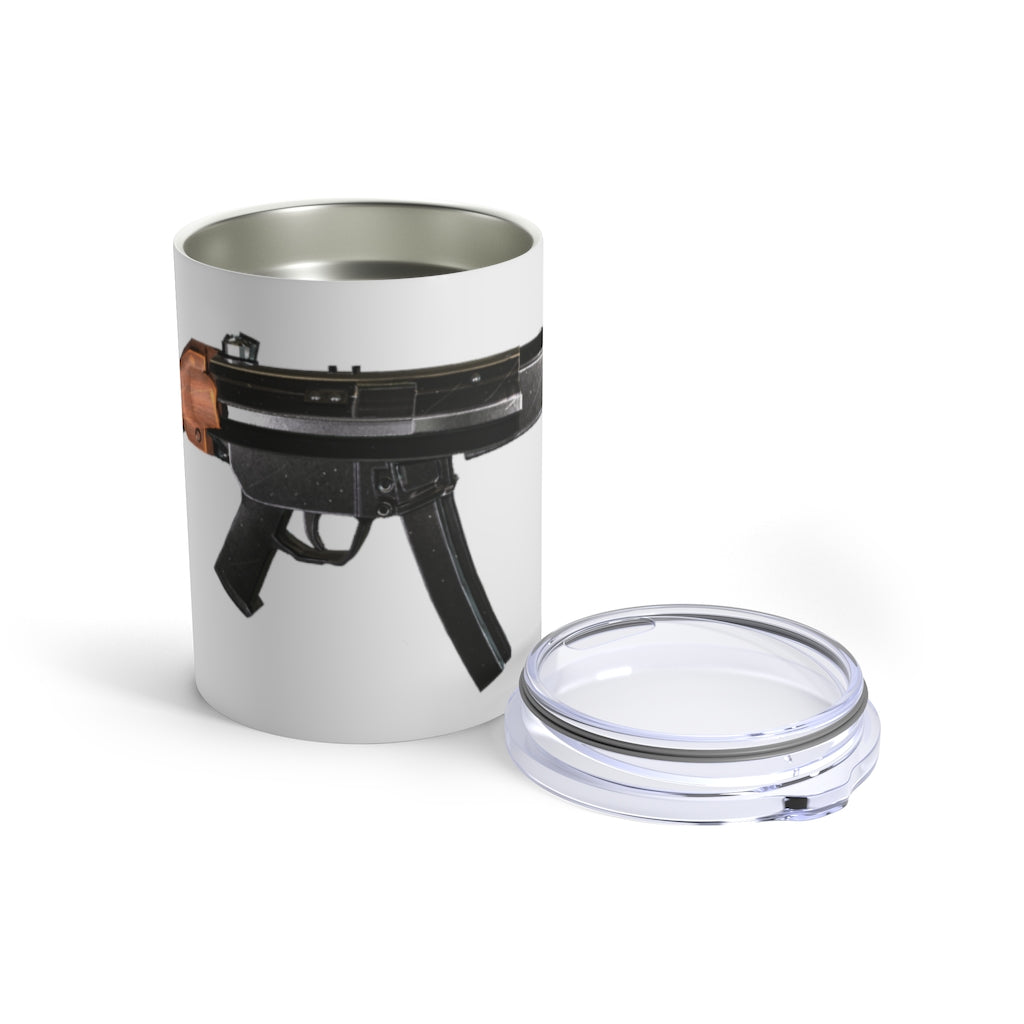 Rifle Tumbler 10oz in stainless steel with a see-thru plastic lid, showcasing its sleek design and rounded corners.