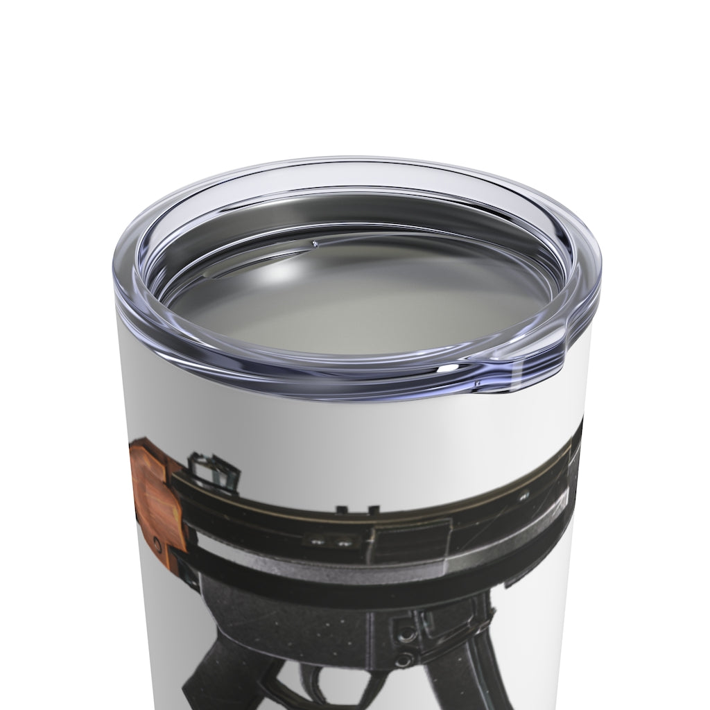 Rifle Tumbler 10oz in stainless steel with a see-thru plastic lid, showcasing its sleek design and rounded corners.