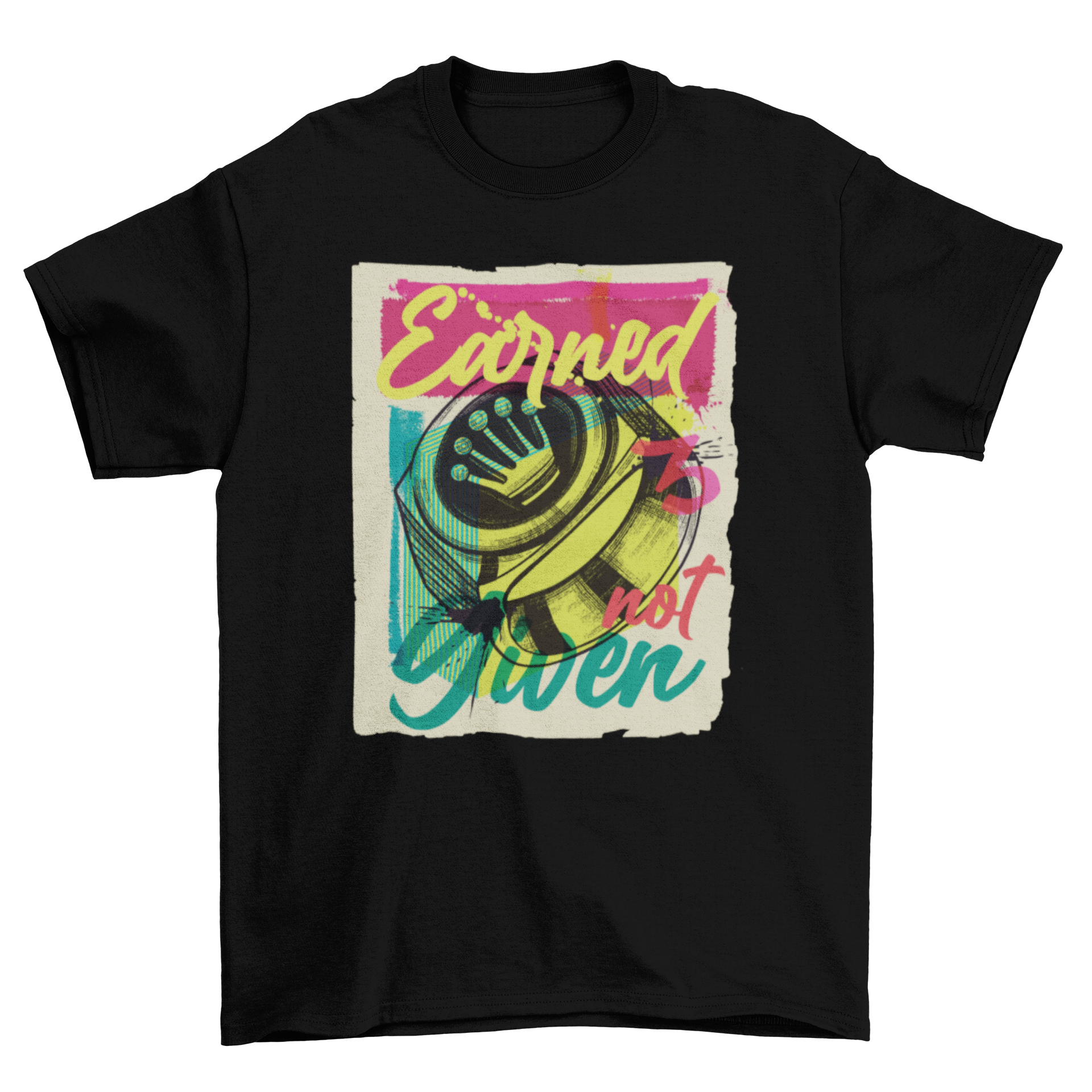 Ring Crown Urban Graffiti T-Shirt featuring a crown and ring design with the quote 'Earned, not given' in vibrant colors.