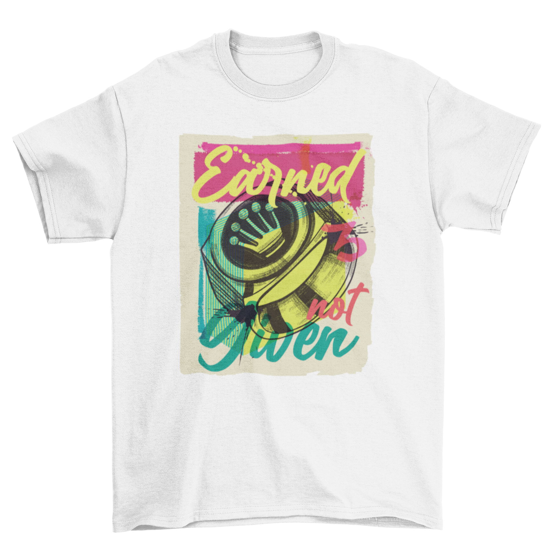 Ring Crown Urban Graffiti T-Shirt featuring a crown and ring design with the quote 'Earned, not given' in vibrant colors.