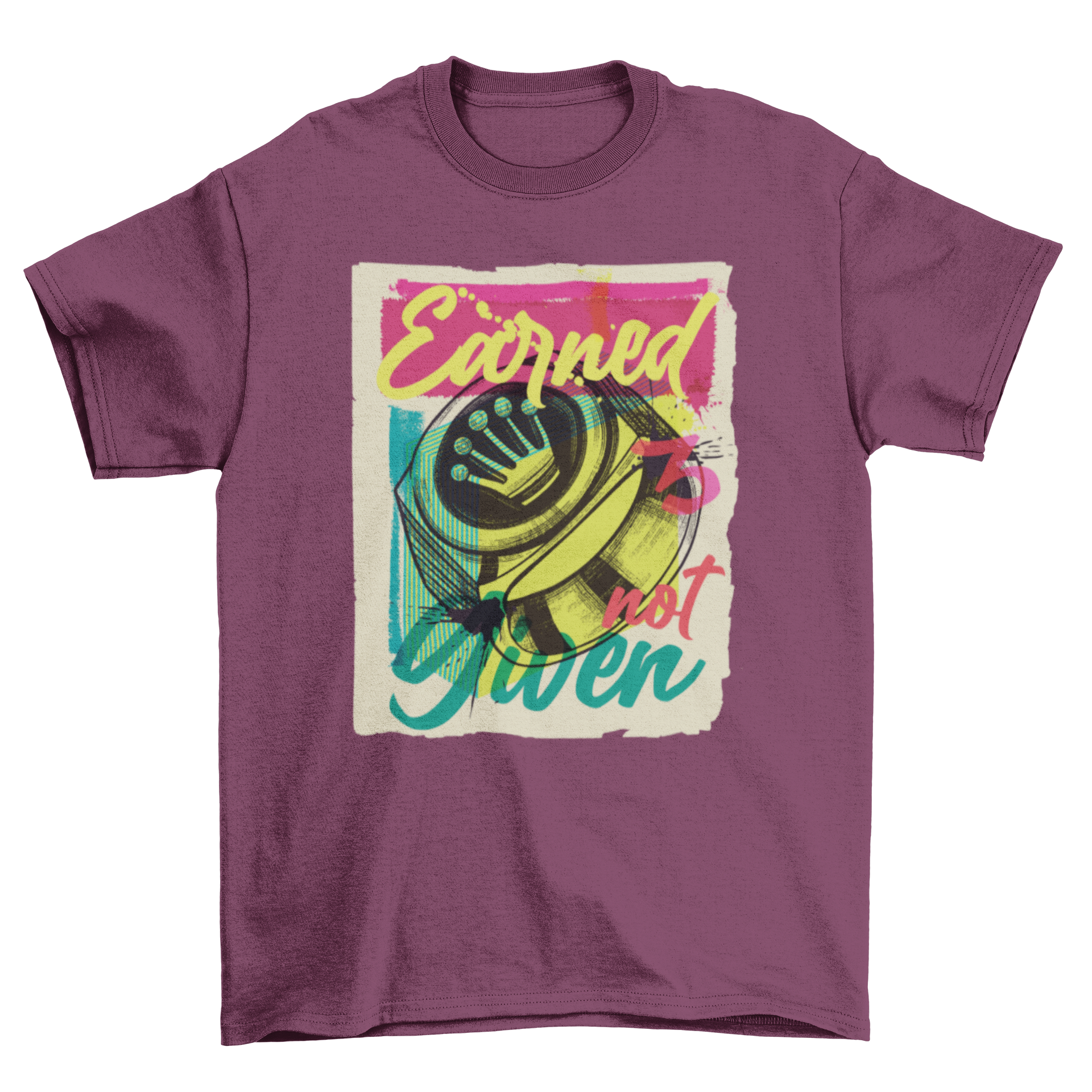 Ring Crown Urban Graffiti T-Shirt featuring a crown and ring design with the quote 'Earned, not given' in vibrant colors.