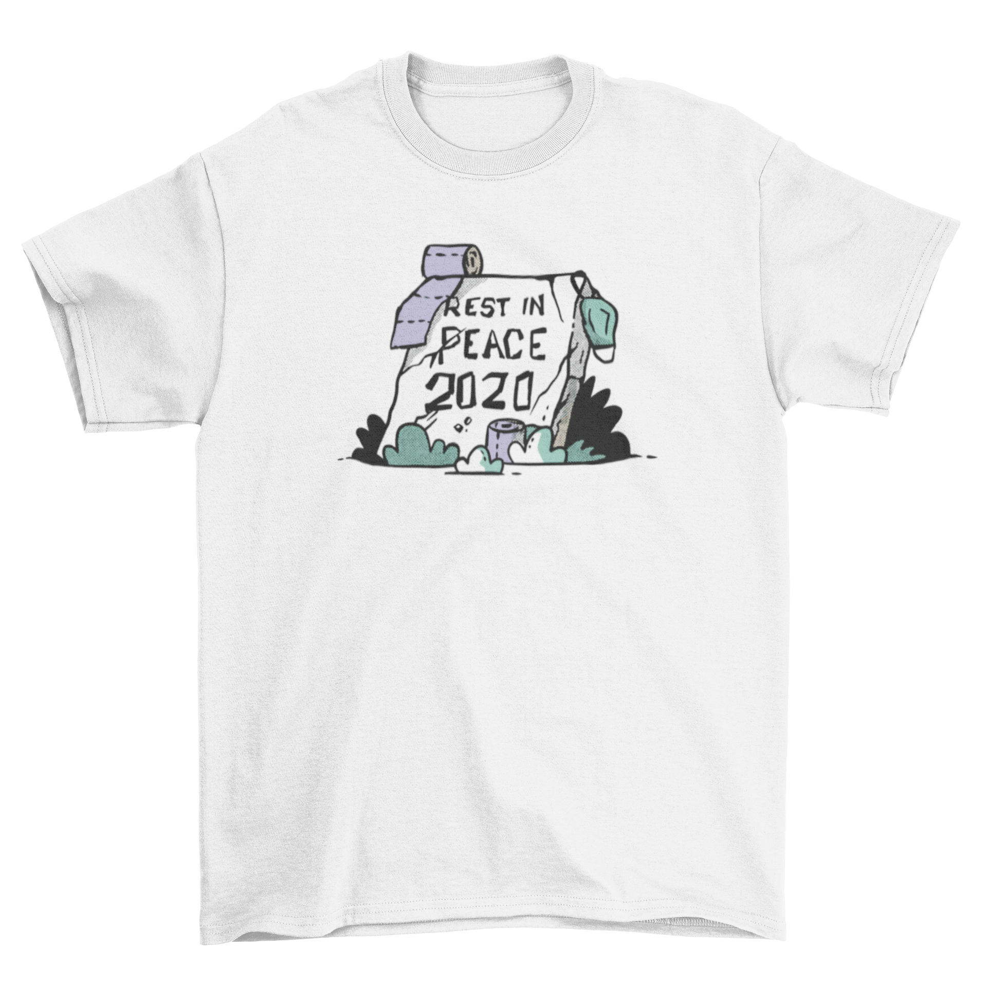 RIP 2020 t-shirt featuring a tombstone, toilet paper, and face masks with the quote 'Rest in Peace 2020'.