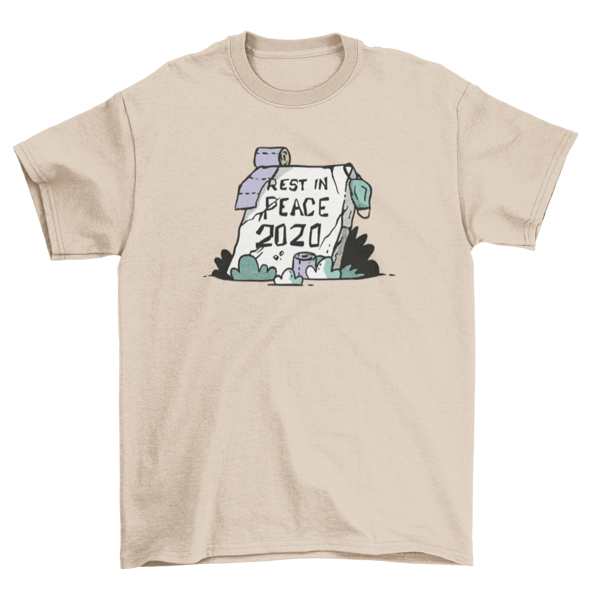 RIP 2020 t-shirt featuring a tombstone, toilet paper, and face masks with the quote 'Rest in Peace 2020'.