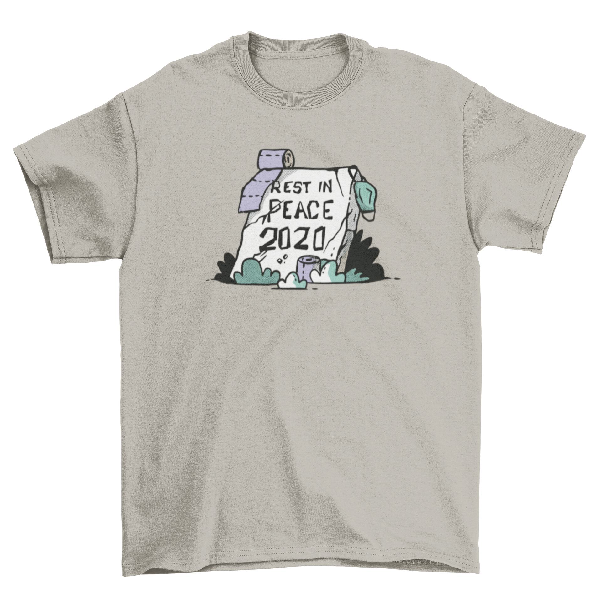 RIP 2020 t-shirt featuring a tombstone, toilet paper, and face masks with the quote 'Rest in Peace 2020'.