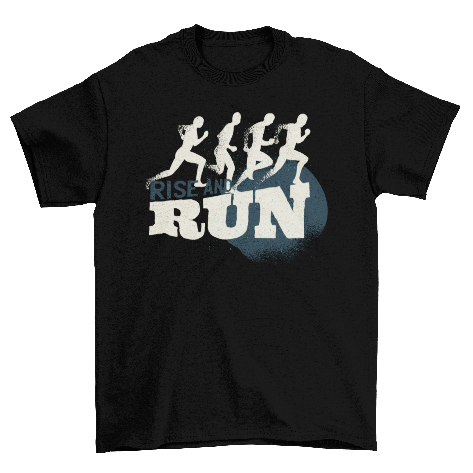 Rise and Run T-shirt featuring silhouettes of runners in a circular design with a grunge color scheme.