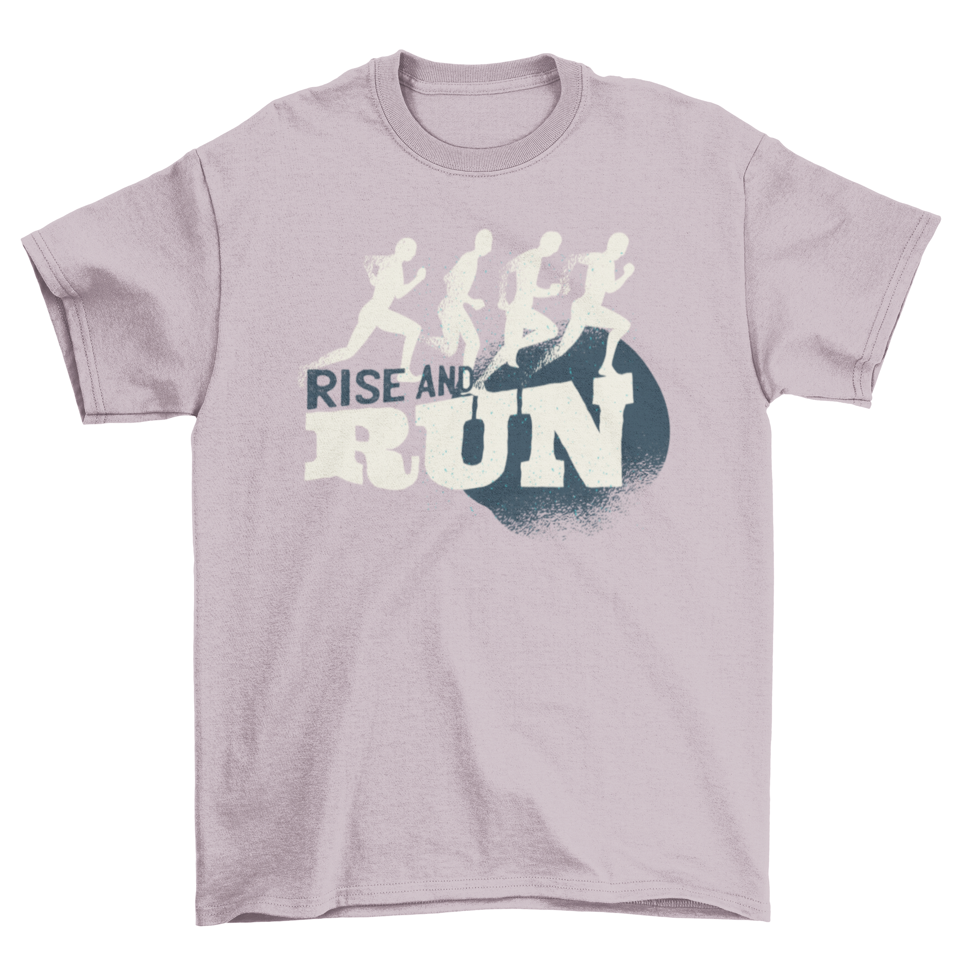 Rise and Run T-shirt featuring silhouettes of runners in a circular design with a grunge color scheme.