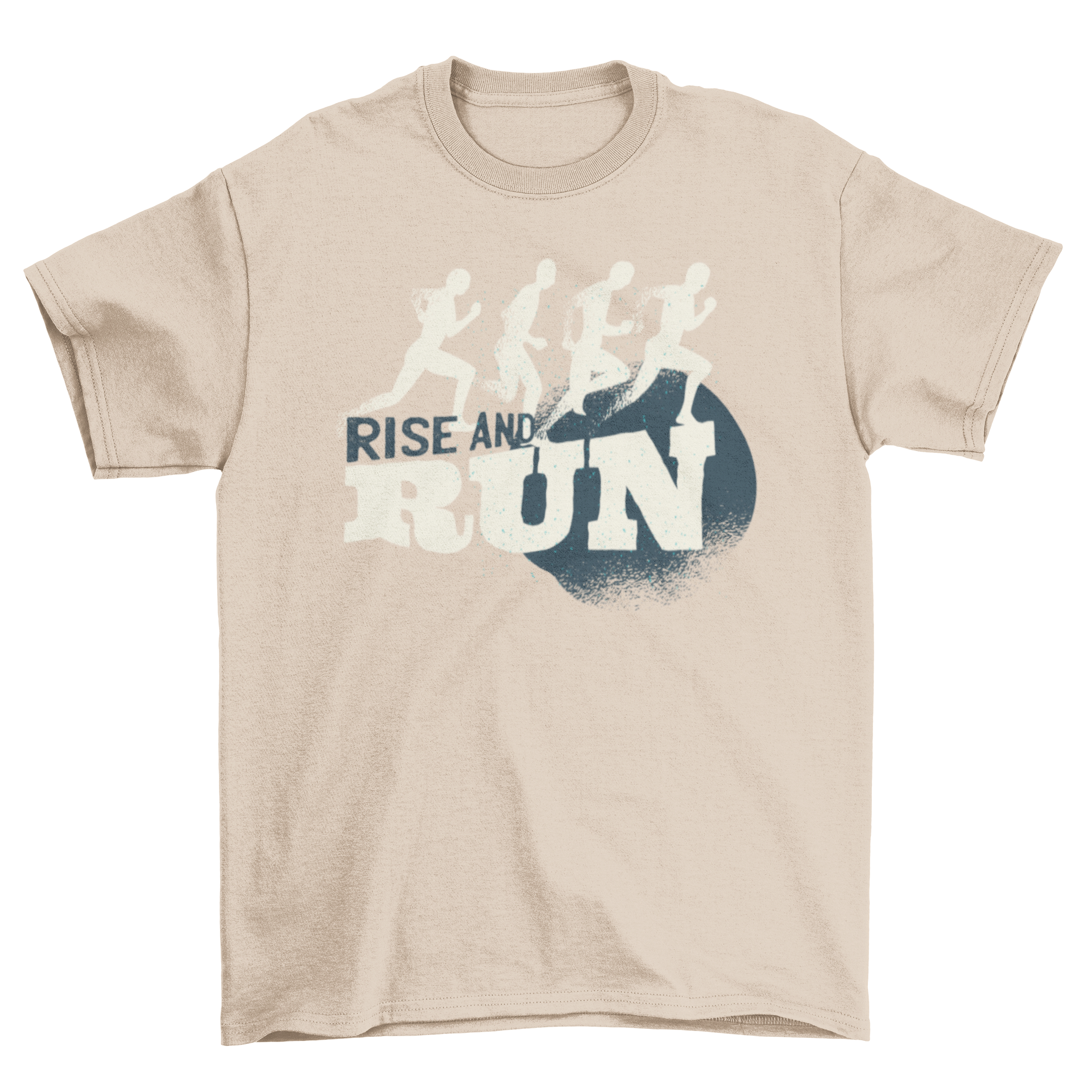 Rise and Run T-shirt featuring silhouettes of runners in a circular design with a grunge color scheme.