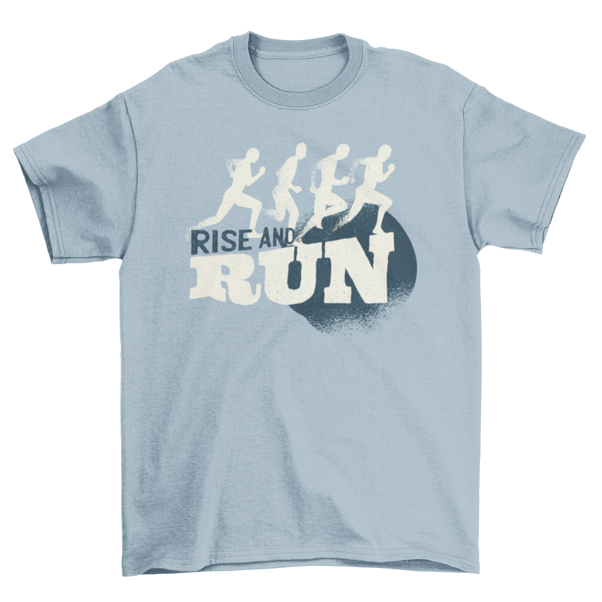 Rise and Run T-shirt featuring silhouettes of runners in a circular design with a grunge color scheme.