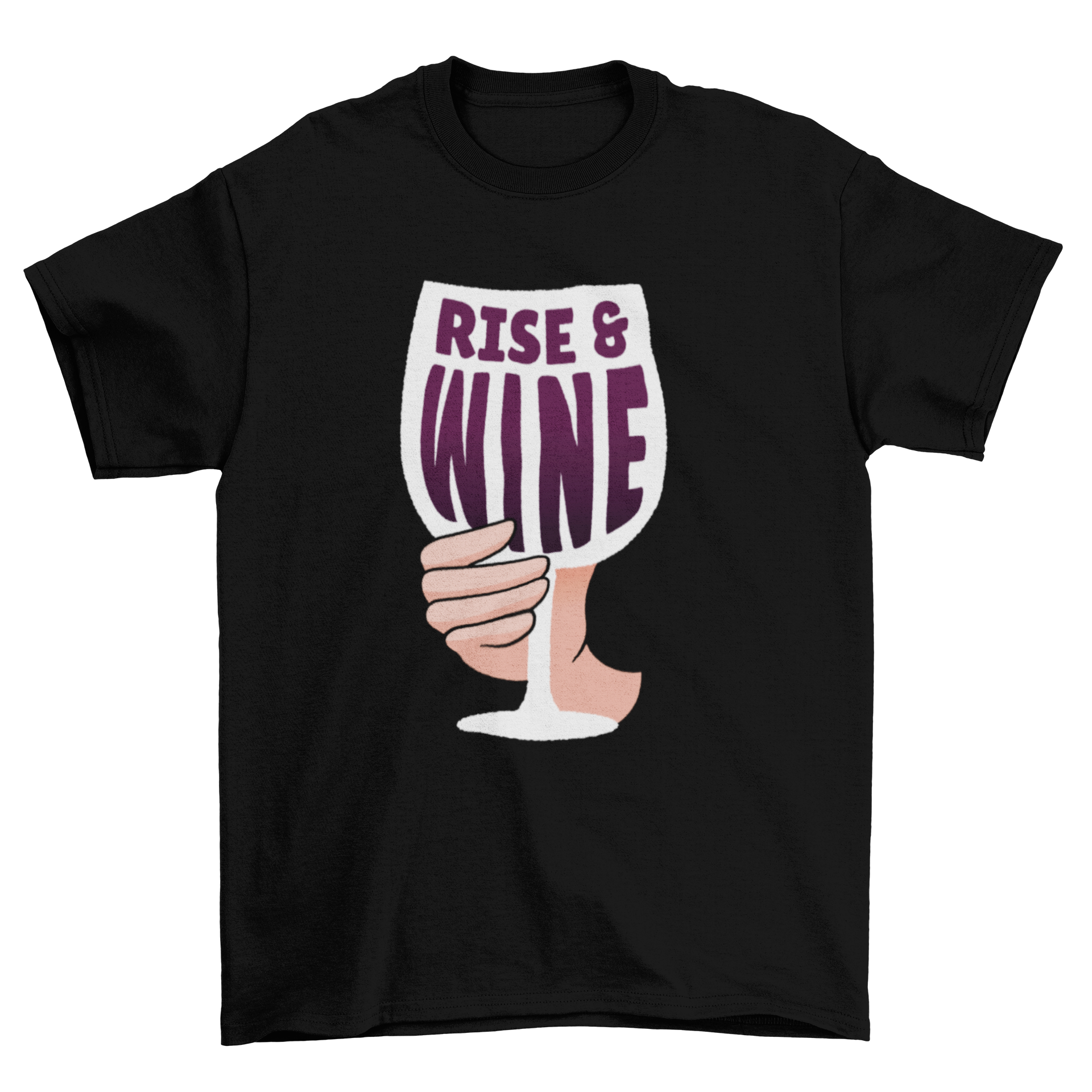 Rise and Wine T-shirt featuring a wine glass and the quote RISE & WINE, perfect for wine lovers.