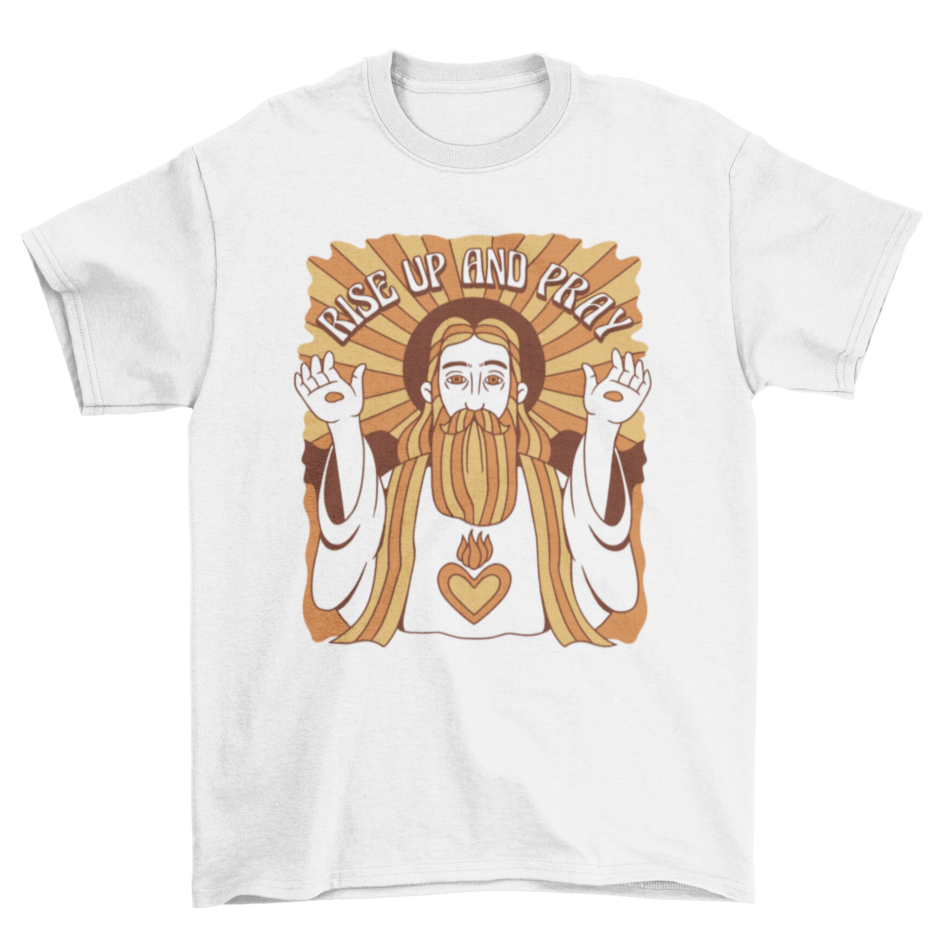 Rise Up and Pray t-shirt featuring a monochromatic design of Jesus Christ with an inspirational quote.