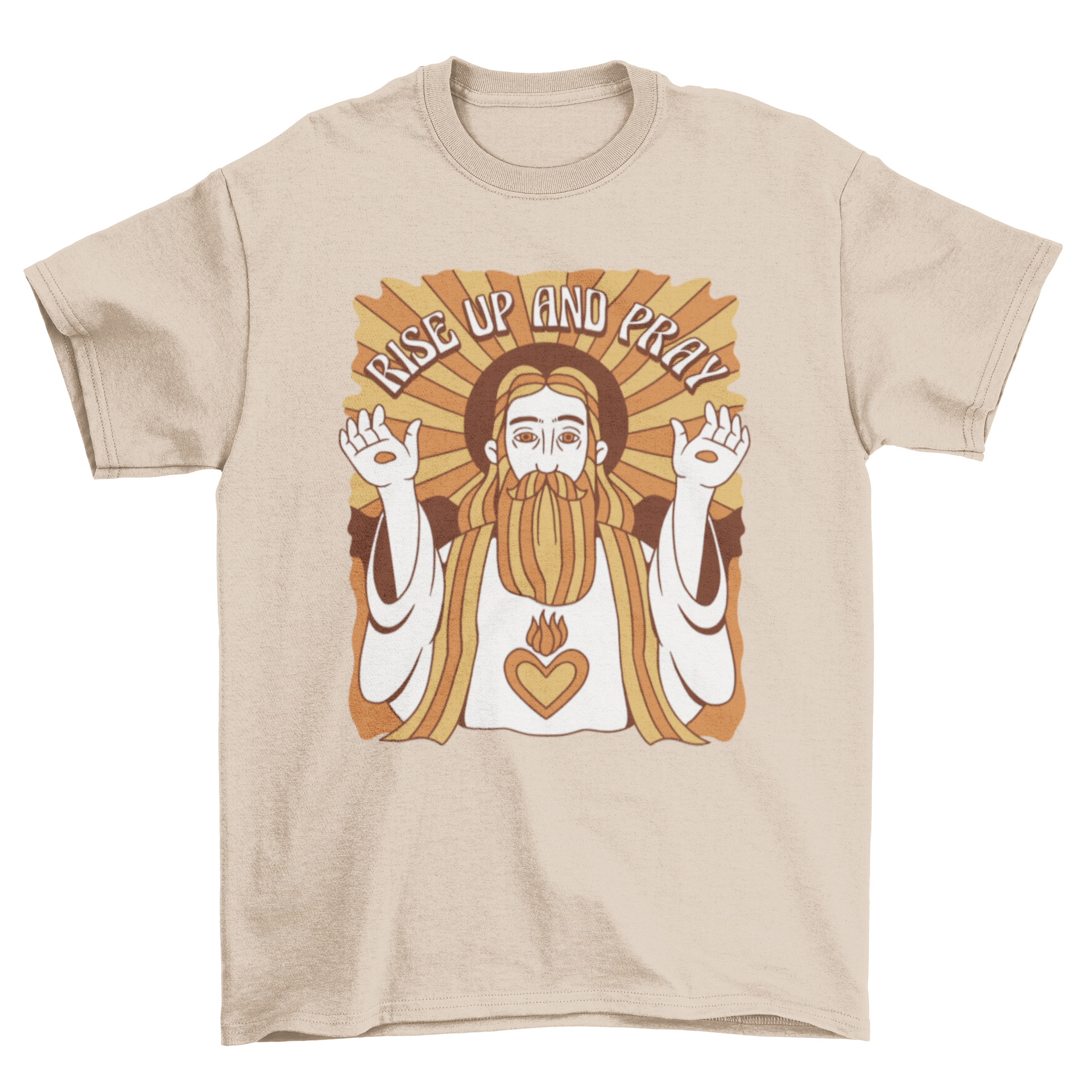 Rise Up and Pray t-shirt featuring a monochromatic design of Jesus Christ with an inspirational quote.