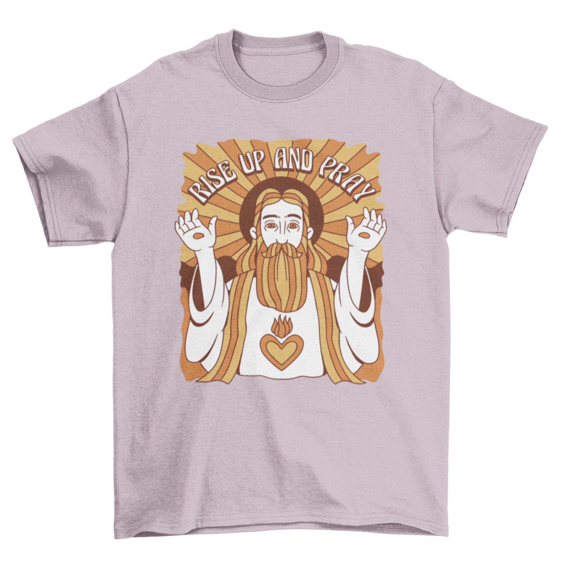 Rise Up and Pray t-shirt featuring a monochromatic design of Jesus Christ with an inspirational quote.