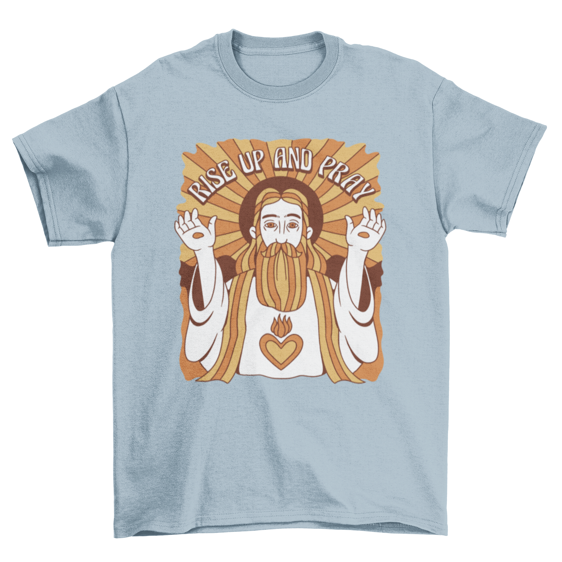 Rise Up and Pray t-shirt featuring a monochromatic design of Jesus Christ with an inspirational quote.