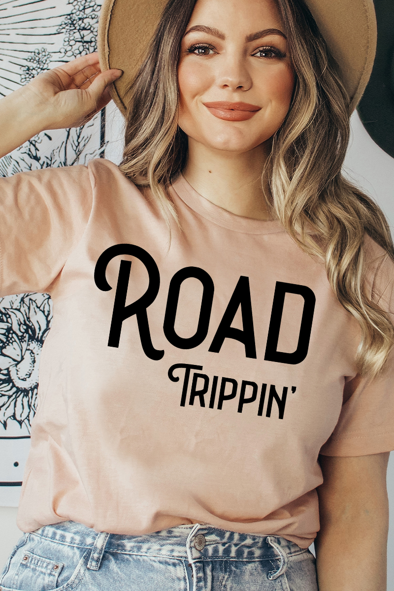 A stylish Road Trip T-shirt made from premium ring spun cotton, featuring a vibrant flex print design, available in various sizes.