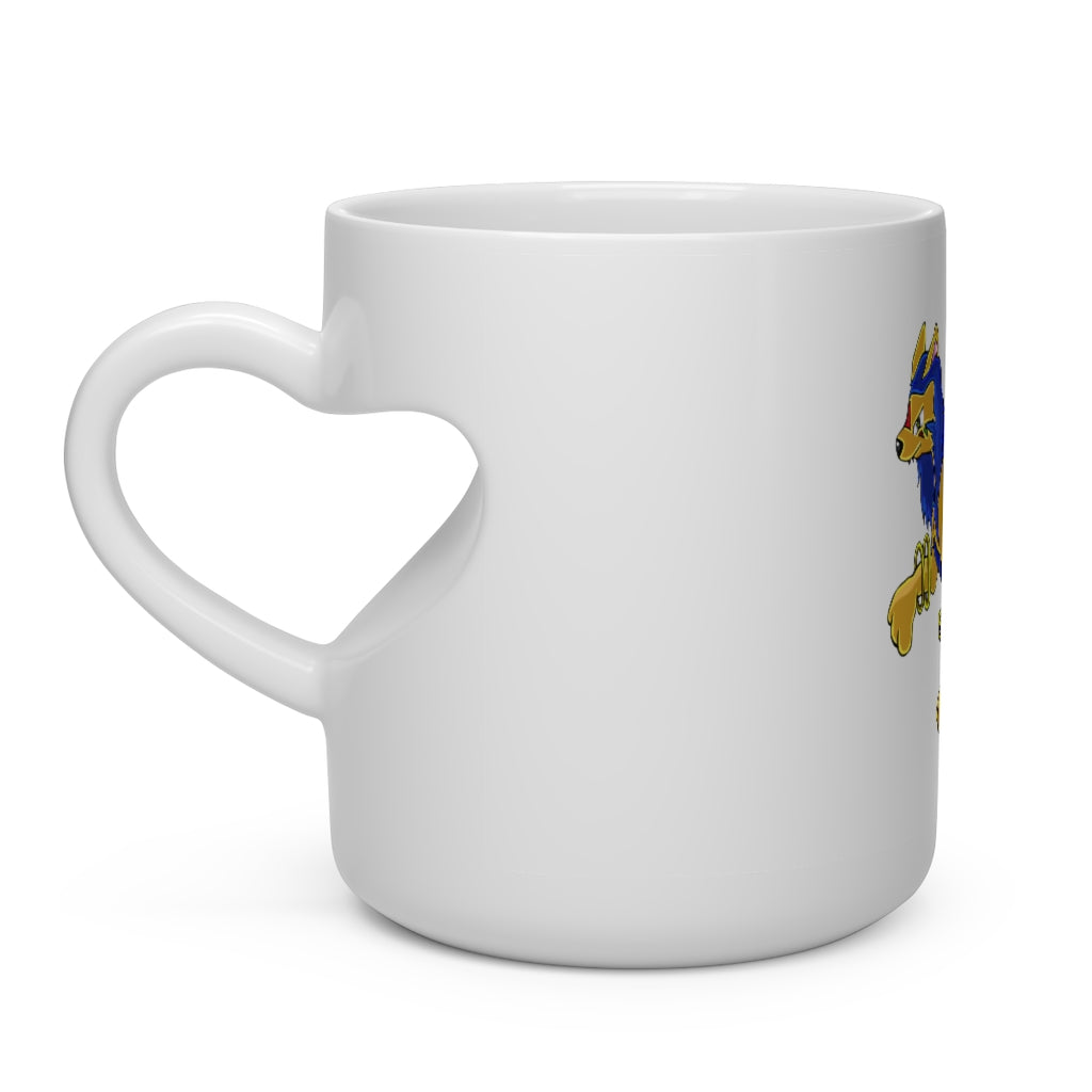 A white ceramic heart-shaped mug with a heart-shaped handle, perfect for hot beverages.