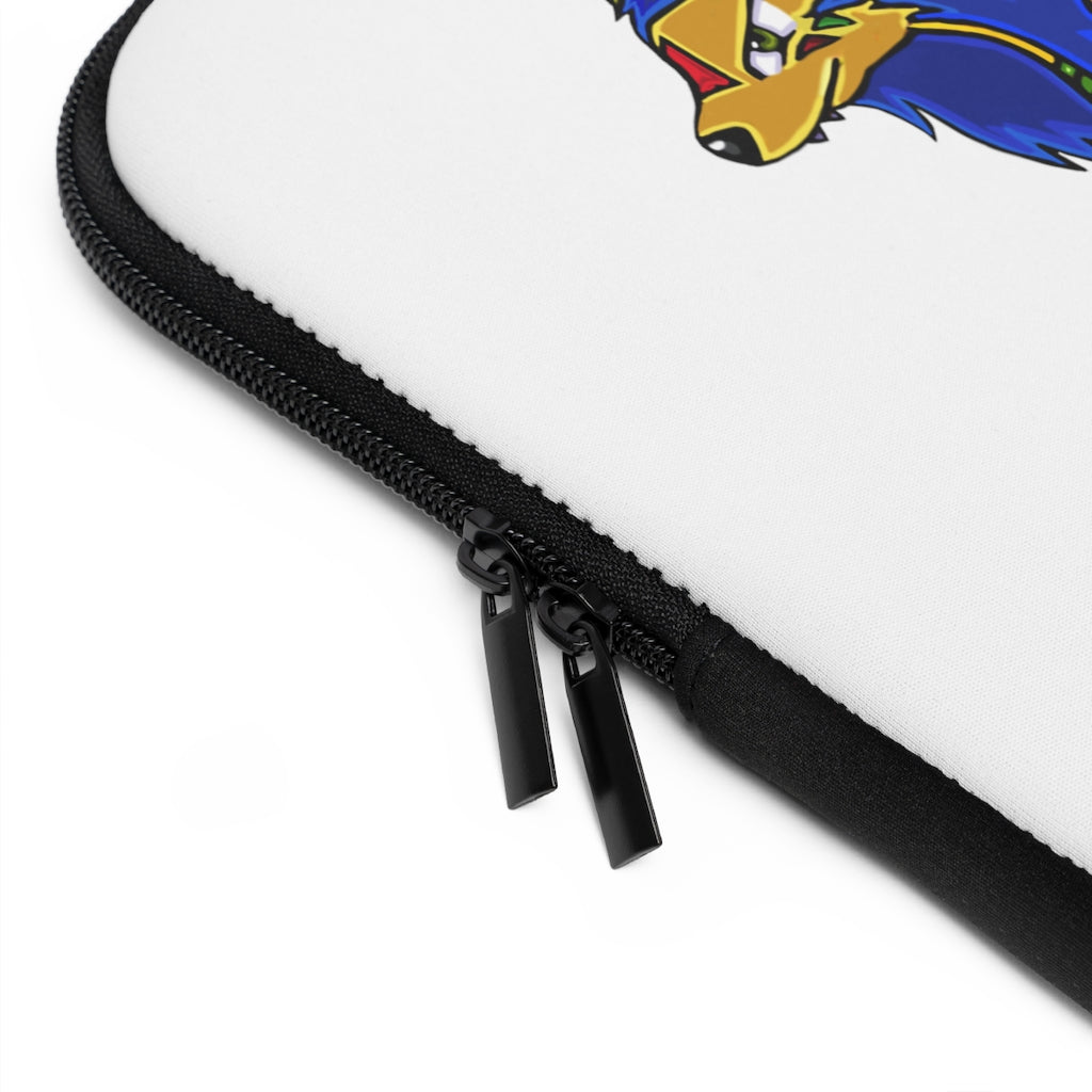 Roararing Laptop Sleeve featuring a customizable front design and solid black back, showcasing its water-resistant and durable material.