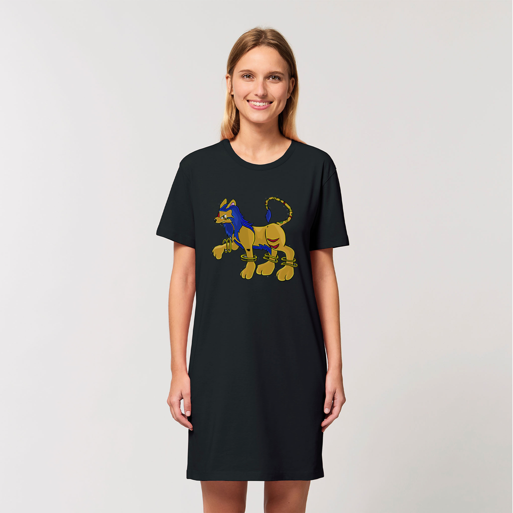 A stylish women's t-shirt dress made from 100% organic cotton, featuring a set-in sleeve design and a soft-hand feel, perfect for casual wear.