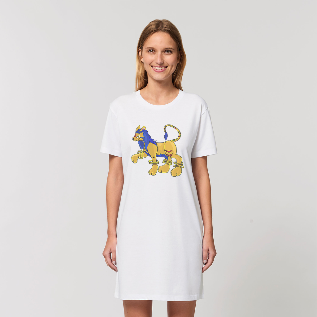 A stylish women's t-shirt dress made from 100% organic cotton, featuring a set-in sleeve design and a soft-hand feel, perfect for casual wear.