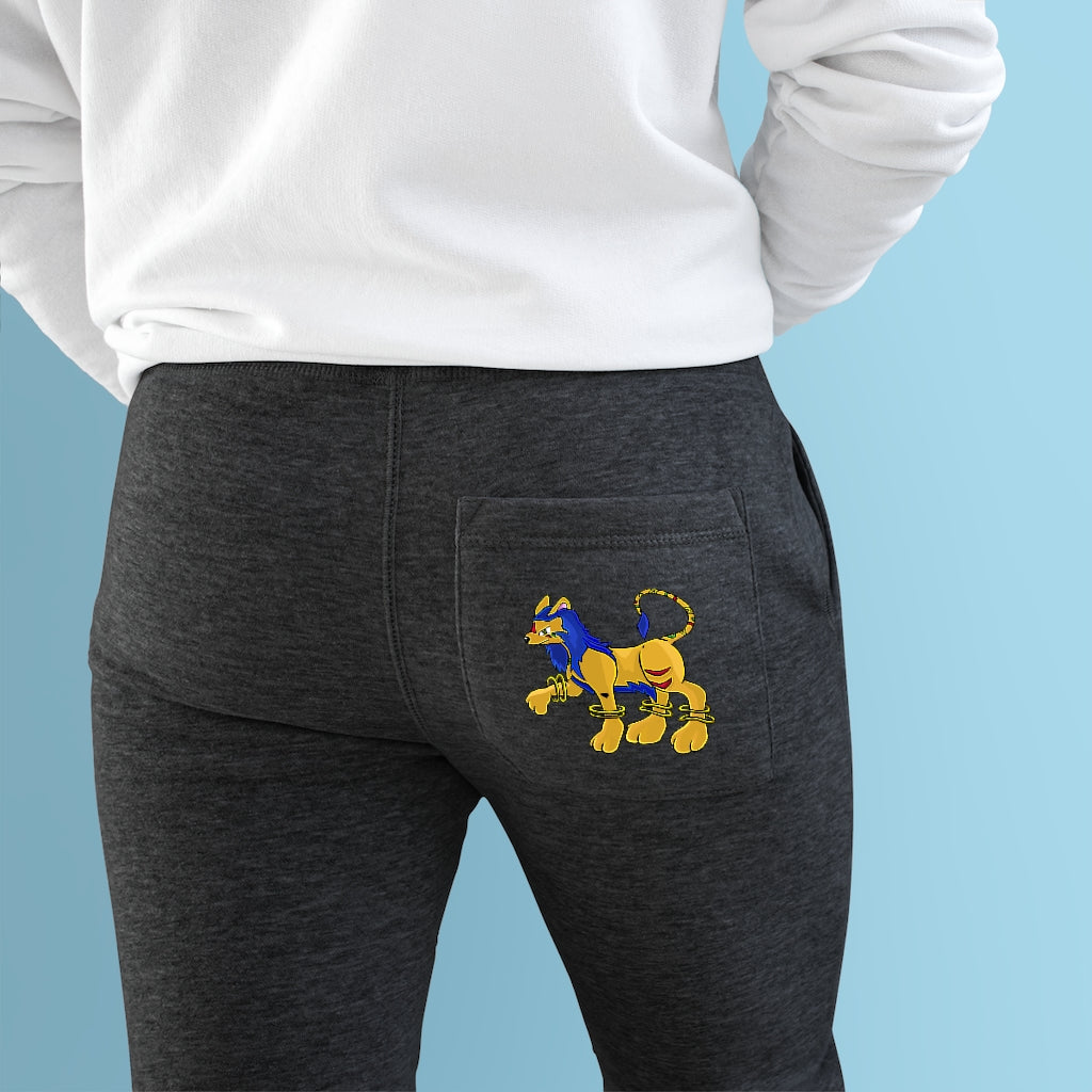 A pair of Roararing Premium Fleece Joggers featuring a customizable back pocket and two side pockets, made from soft fleece fabric.