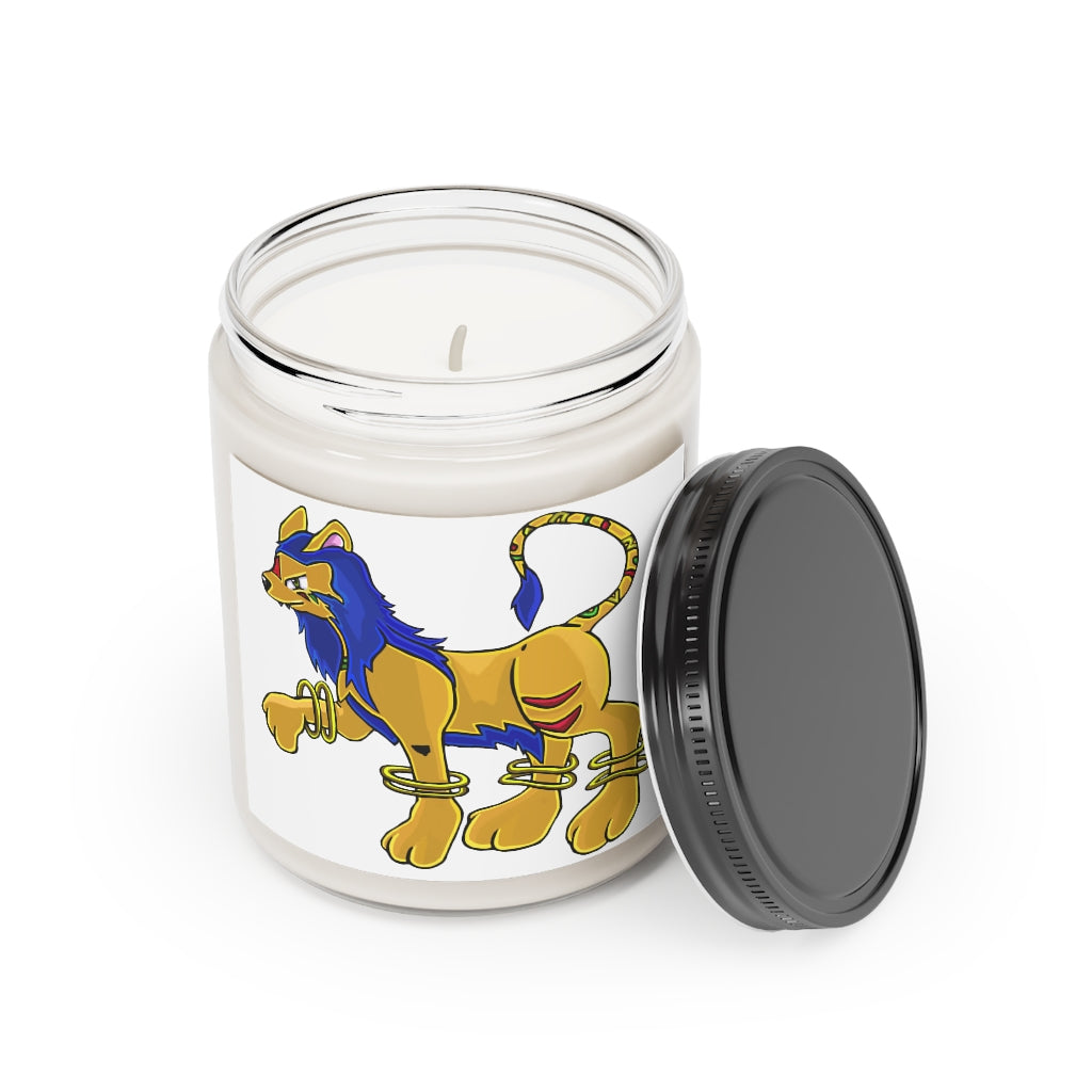 Roararing Scented Candle in a glass container, featuring a permanent adhesive label, showcasing its soothing Cinnamon Stick and Vanilla fragrances.