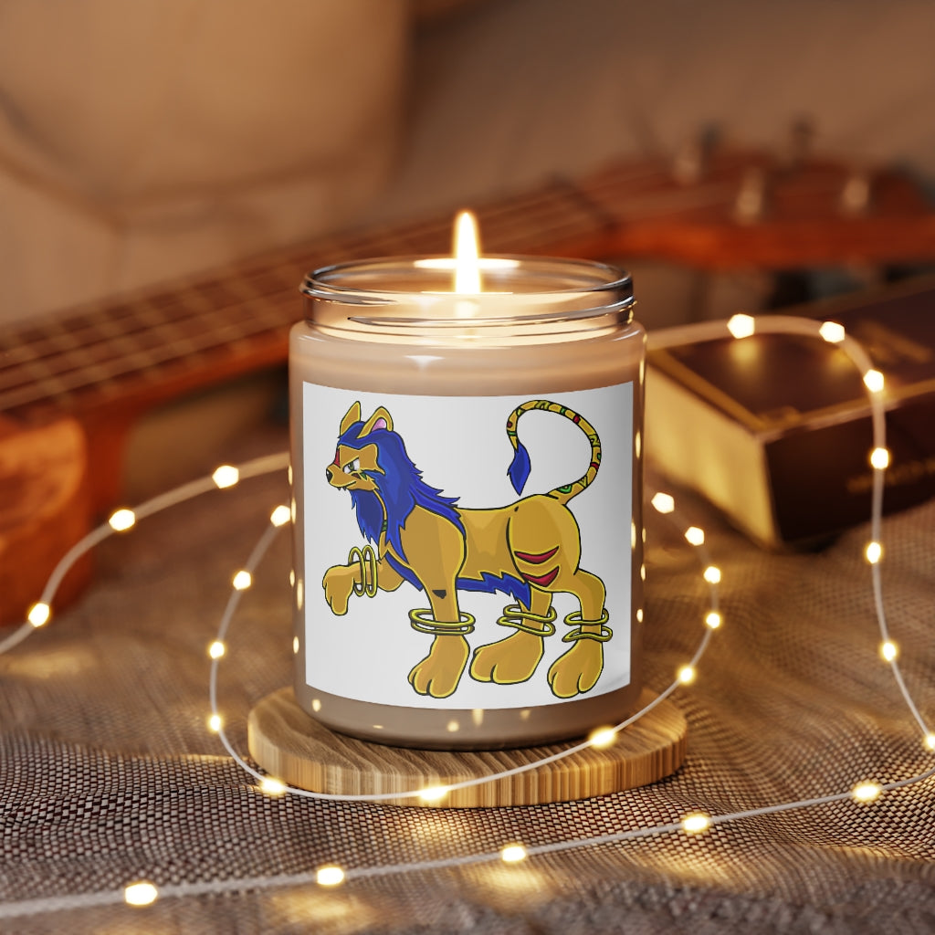 Roararing Scented Candle in a glass container, featuring a permanent adhesive label, showcasing its soothing Cinnamon Stick and Vanilla fragrances.