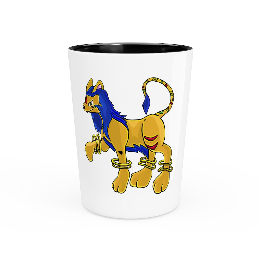 Personalized Roararing Shot Glass with white ceramic body and customizable interior options in black or white.