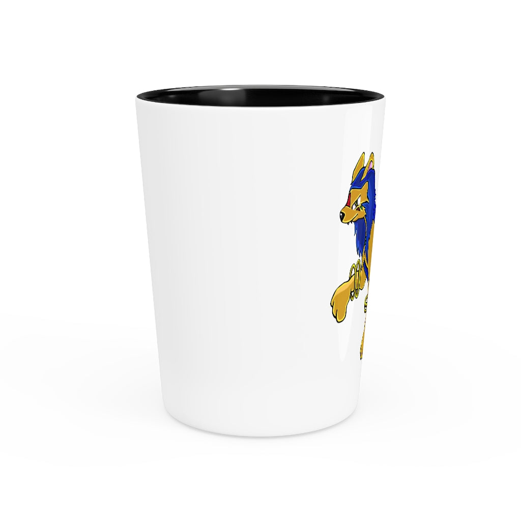 Personalized Roararing Shot Glass with white ceramic body and customizable interior options in black or white.