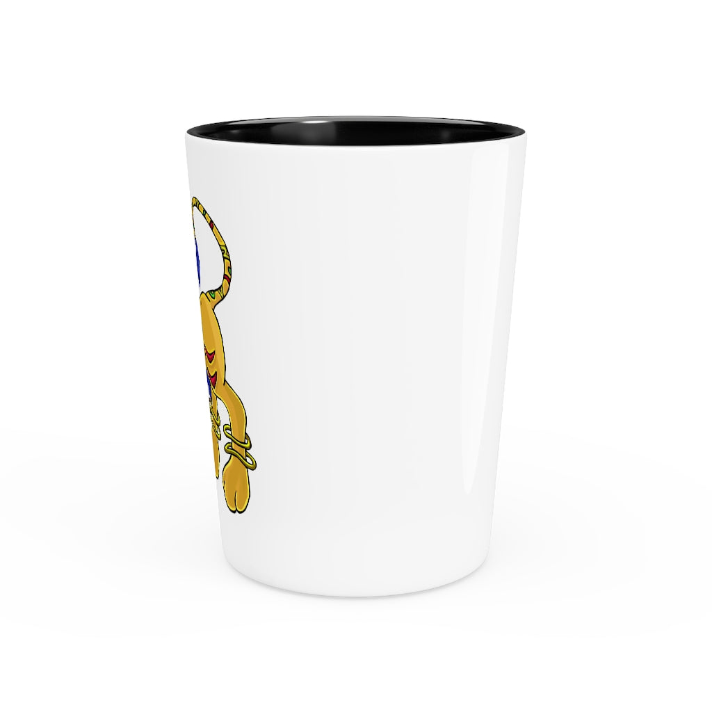 Personalized Roararing Shot Glass with white ceramic body and customizable interior options in black or white.