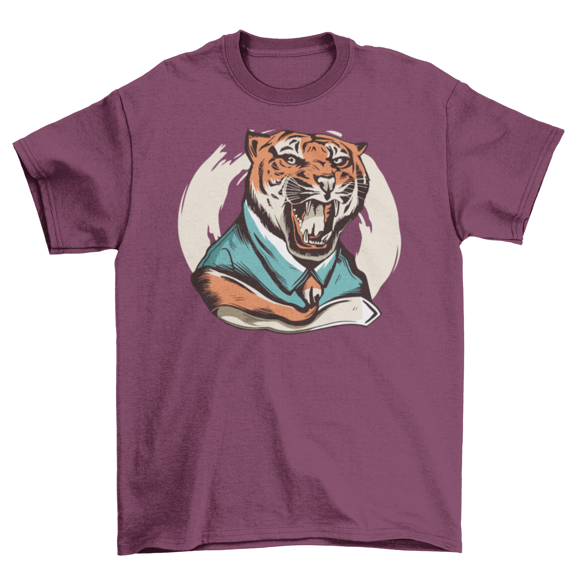 A stylish t-shirt featuring a roaring tiger illustration wearing a shirt and tie, showcasing a unique and bold design.