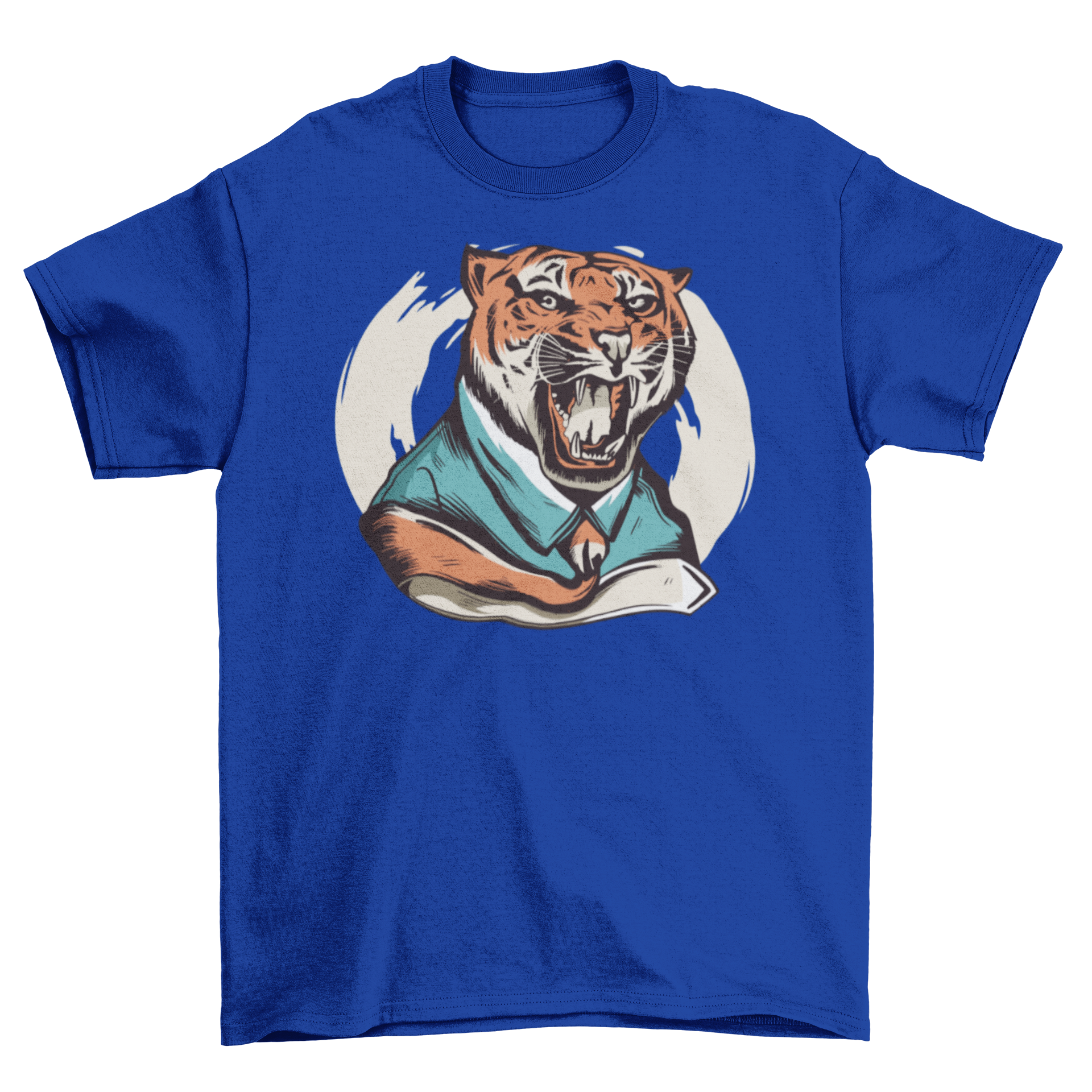 A stylish t-shirt featuring a roaring tiger illustration wearing a shirt and tie, showcasing a unique and bold design.