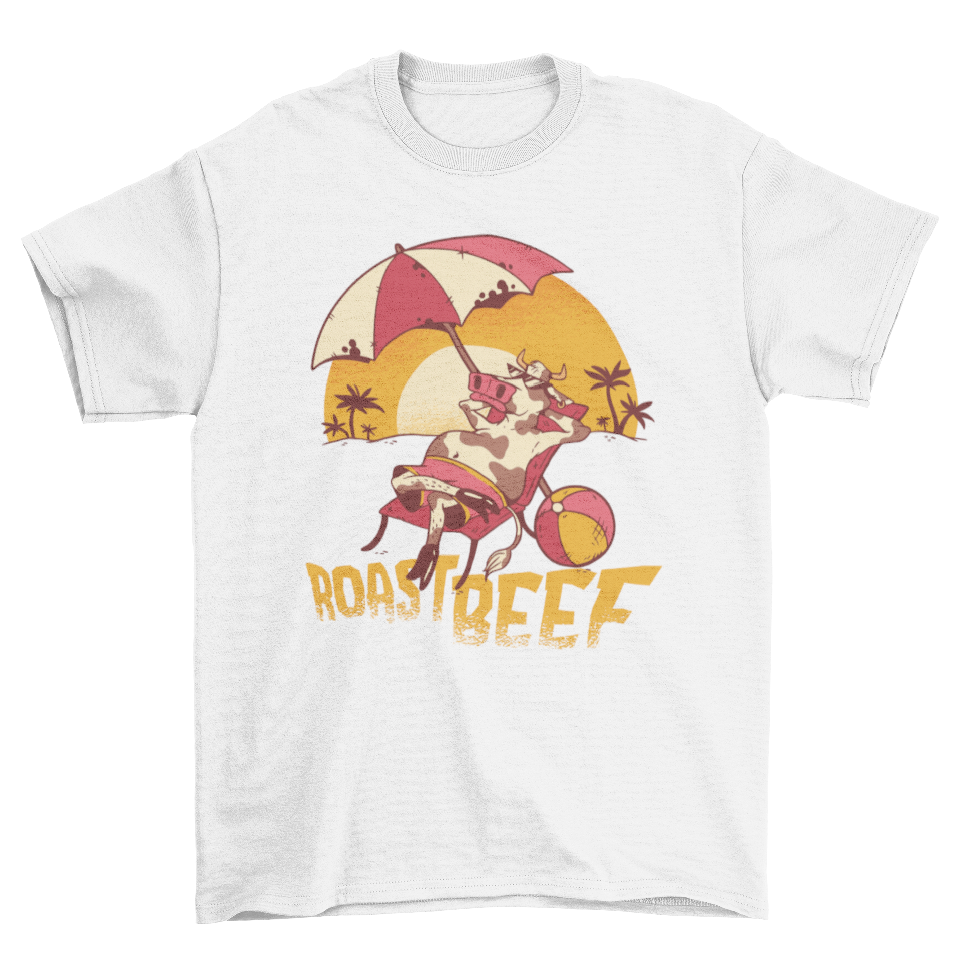 Funny Roast Beef T-shirt featuring a cow sunbathing with a vibrant yellow-orange caption.