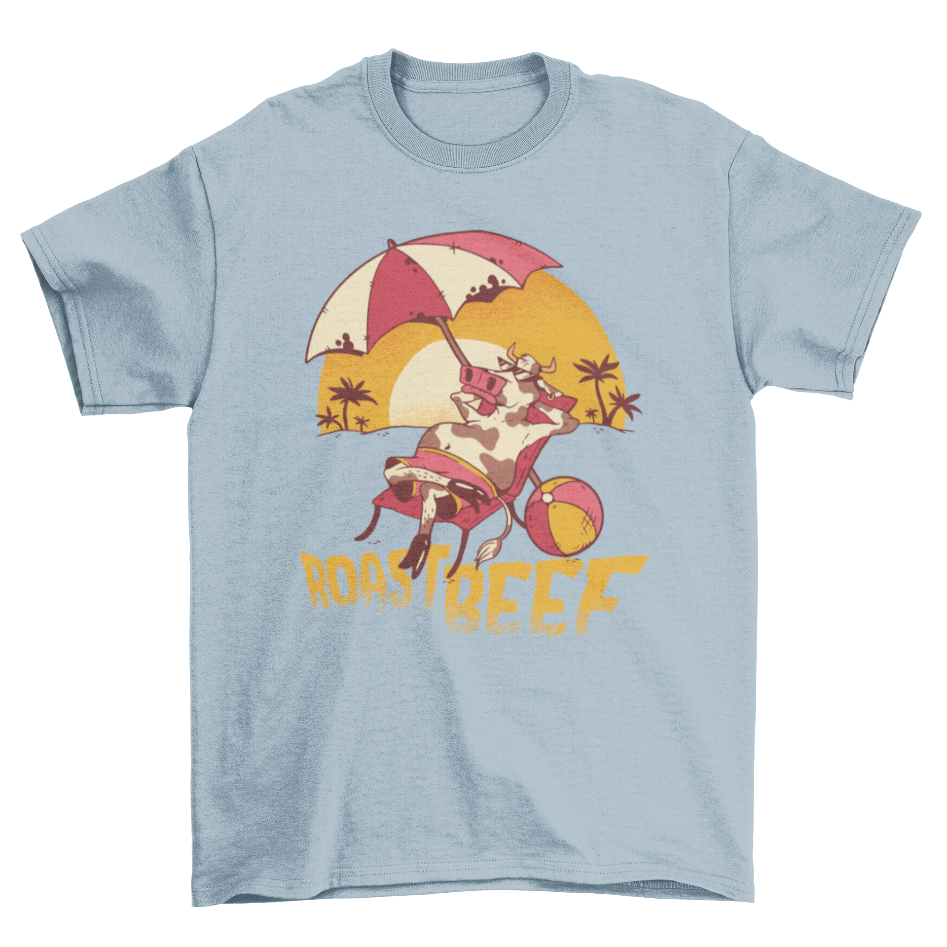 Funny Roast Beef T-shirt featuring a cow sunbathing with a vibrant yellow-orange caption.