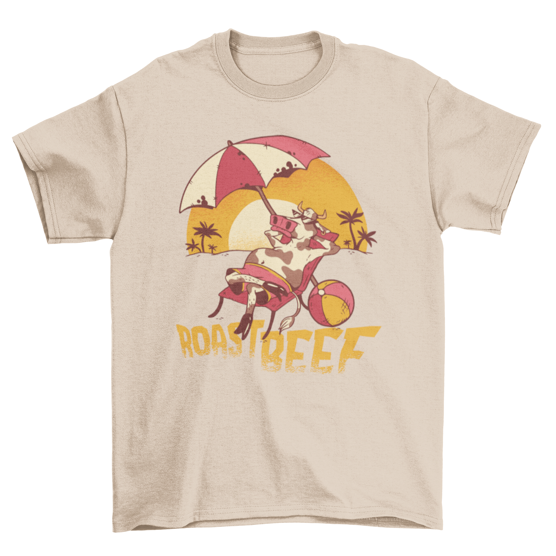 Funny Roast Beef T-shirt featuring a cow sunbathing with a vibrant yellow-orange caption.