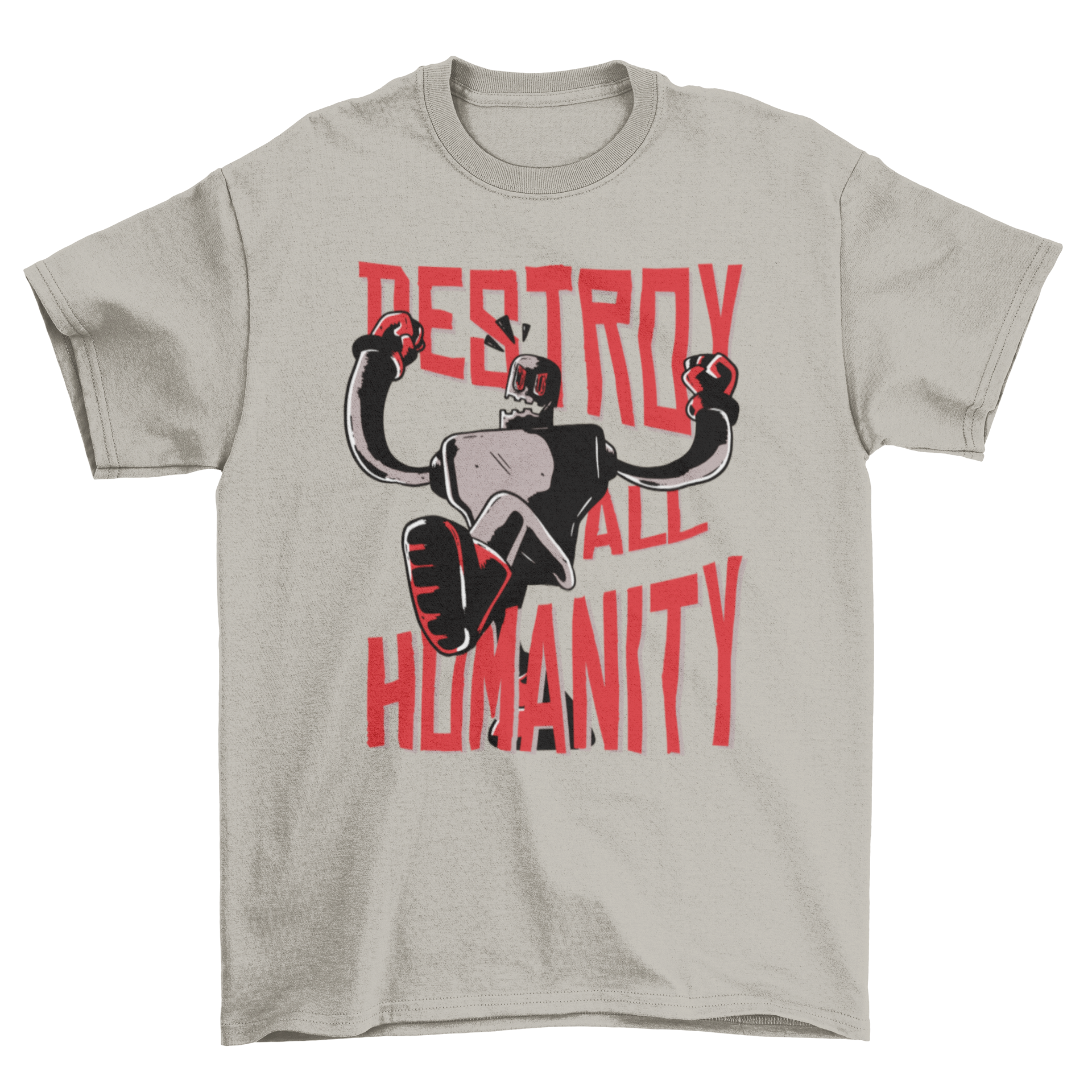 A stylish t-shirt featuring a bold design with the text 'Destroy All Humanity' and an angry robot graphic, perfect for sci-fi fans.